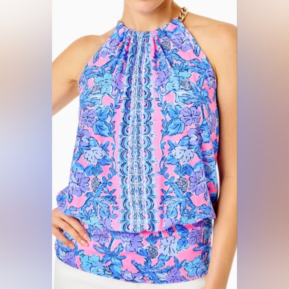 LILLY PULITZER NWT sz Xs, S bowen halter top PINK PALM PARADISE ENGINEER